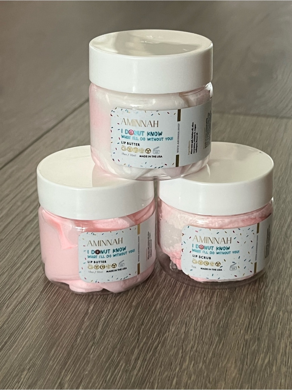 NWT AMINNAH (2) I Donut Know Pink Lip Butters & (1) I Donut Know Scrub Set